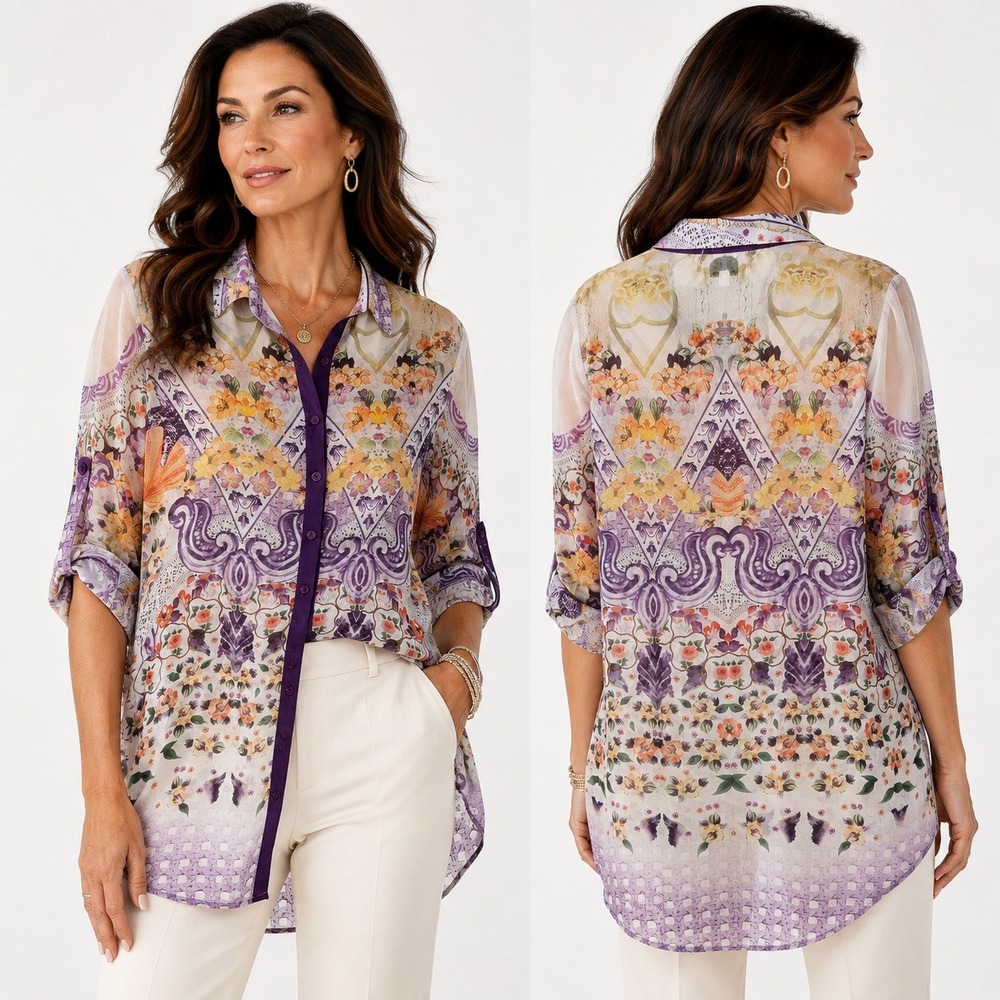 Jean-Pierre Klifa Paris Floral Geometric Roll Tab Tunic Blouse Purple Large